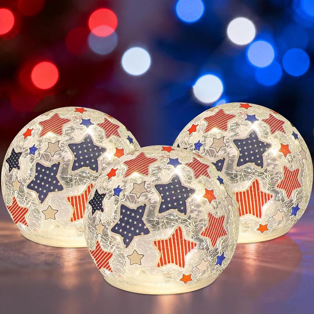 3PCS Independence Day Decorative Lights, 3.93-inch Independence Day Desktop Decoration LED Night Light, Cracked Glass Ball Light with Timer, 4th of July Decoration (Striped Five-Pointed Star)