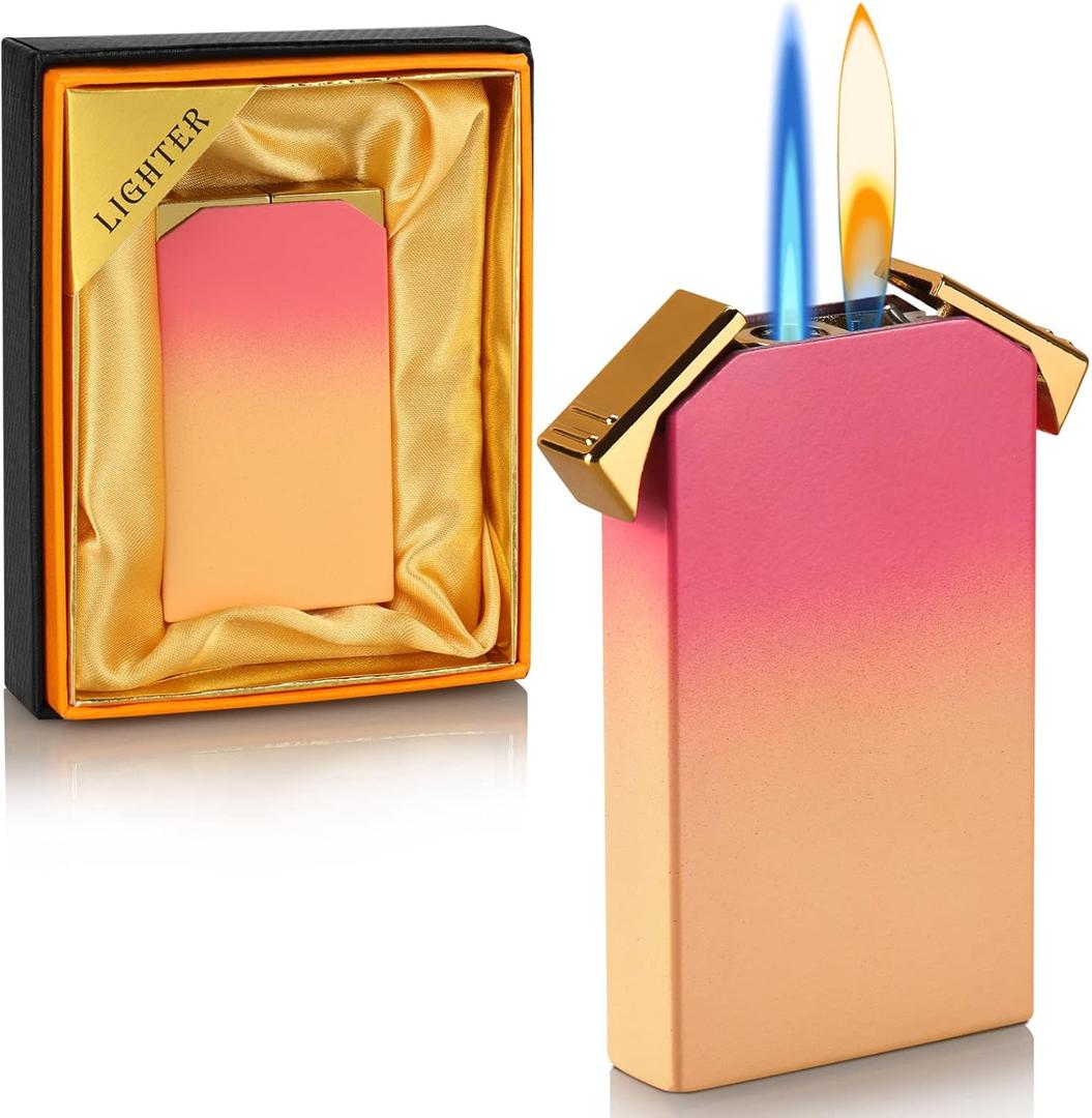 Dual Flame Lighter, Switchable Torch Jet Lighter & Soft Flame Lighter, Refillable Butane Lighter, Cool Pipe Lighters, Unique Gifts for Family Friend Men(Pink,Without Fuel) (Pink-yellow Gradient)