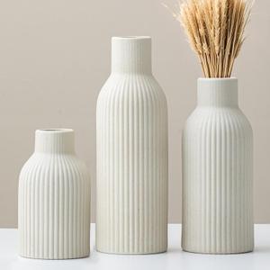 Modern Ceramic Vases Set of 3, Beige Ribbed Decorative Vases, Table Centerpiece for Home Decor (Beige)