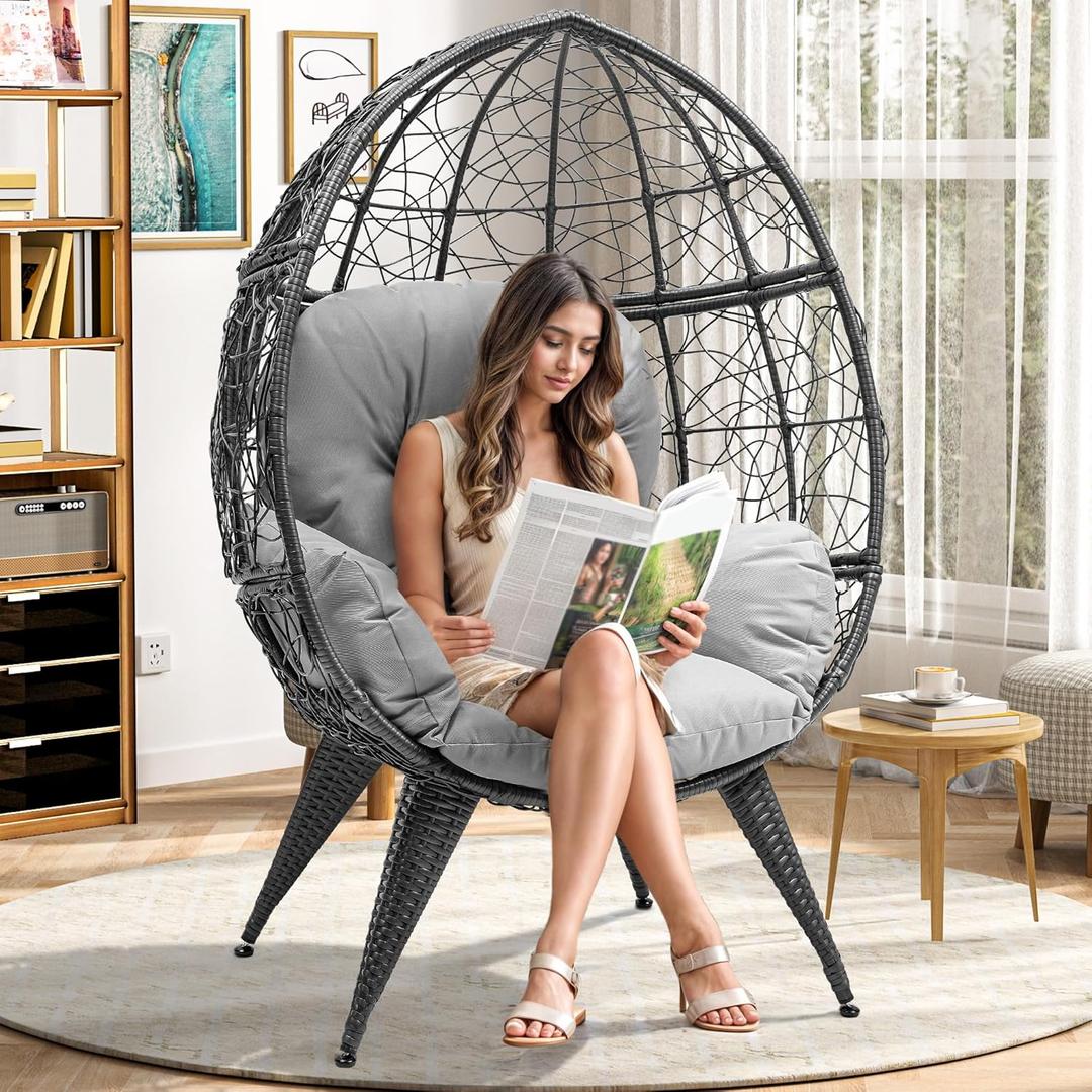 YITAHOME Oversized Wicker Egg Chair for Indoor and Outdoor Use with Stand, Cushion, and Leveling Feet, Large Lounger for Patio, Garden, Backyard, Balcony, Supports up to 330lbs, Grey