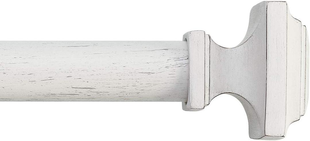 MODE Farmhouse Collection 1 1/8" Diameter Curtain Rod Set with Cottage Square Curtain Rod Finials and Steel Wall Mounted Adjustable Curtain Rod, Fits 36 to 72 Windows, Weathered White