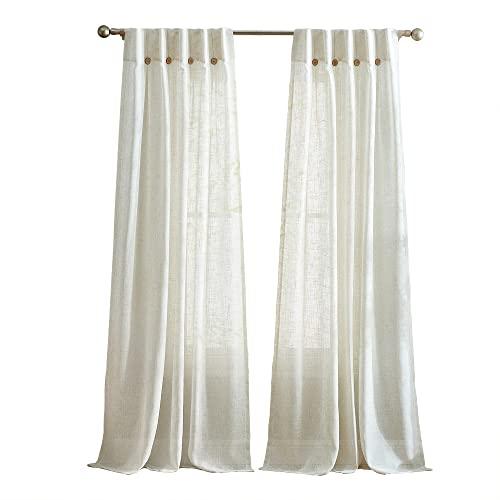 SUN+BLK Grenada Semi Sheer Inverted Pleat Curtain Panels with Coconut Button and Back Tabs, 2 Panels, Linen, 36x96