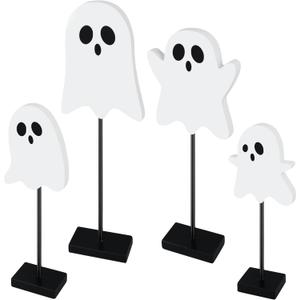 Halloween Standing Table Decor Ghost Wooden Signs Halloween Tiered Tray Decorations Ghost Table Centerpiece Tall Block Sign for Halloween Party Home Room Decor, 4 Pcs