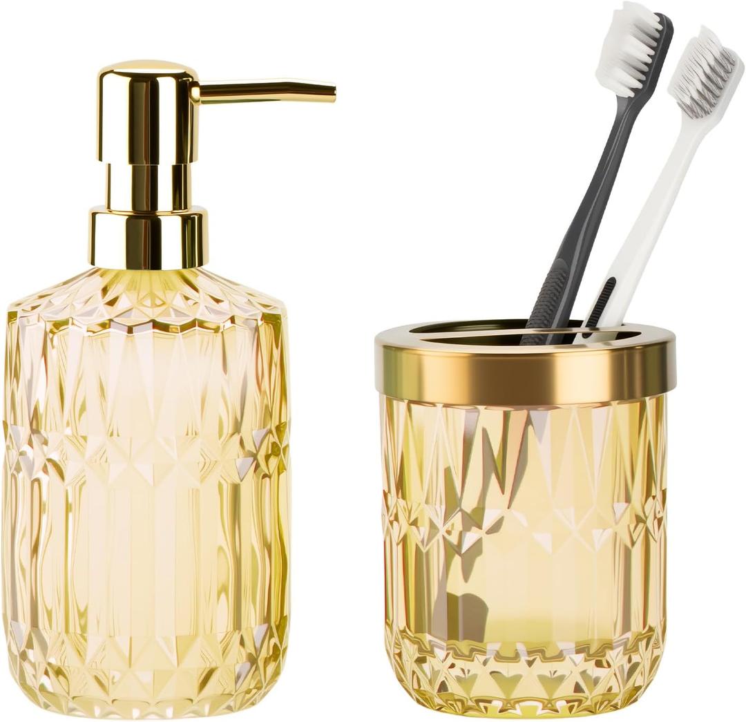 Glass Bathroom Accessories Set, 2PCS Clear Glass Bathroom Accessory, Toothbrush Holder and Soap Dispenser Set for Modern Bathroom Decor(Clear Gold)