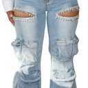 Women's High Waist Baggy Cargo Jeans Sexy Rhinestones Ripped Straight Wide Leg Denim Pants Y2K Streetwear with Pockets (Blue, L)