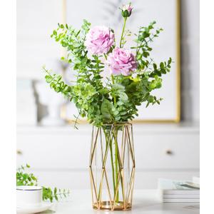 FSyueyun Gold Flower Glass Vases for Centerpieces with Premium Metal Rack, Modern Large Vases Home Decor Living Room or Wedding Centerpiece (8.7 Inches Tall)