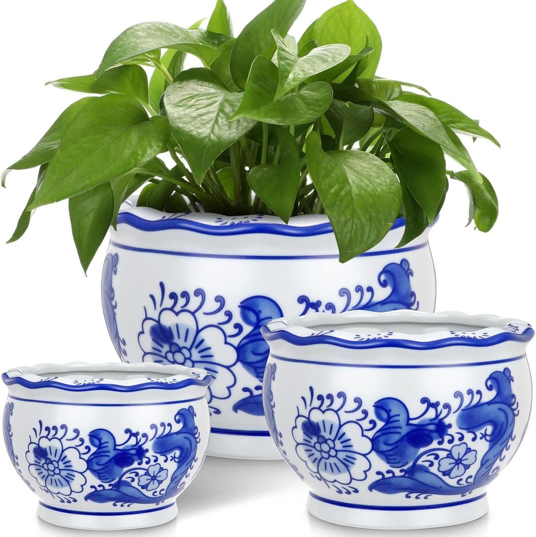 Set of 3 Blue and White Porcelain Flower Pots 7.2'' 6'' 4'' Decorative Chinoiserie Plant Pots with Drainage Hole Saucers Ceramic Planters for Indoor Garden (Elegant Style)
