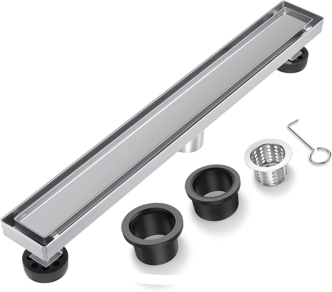 Linear Shower Drain 30 Inch Brushed Nickel with Tile Insert Grate, Rectangle Floor Drain 304 Stainless Steel Including Hair Strainer
