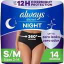 Always Discreet Adult Incontinence Overnight Underwear for Women, Small/Medium, Up to 100% Bladder Leak Protection, 11 Count