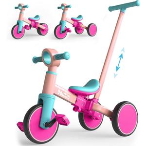 Kids Tricycle with Push Handle for Toddlers 1-4 Years Old Boys Girls Gift, 5 in 1 Baby Balance Bike for Toddlers 1-3 with Removable Pedals (No Parent Steering Version) (Fuscia)