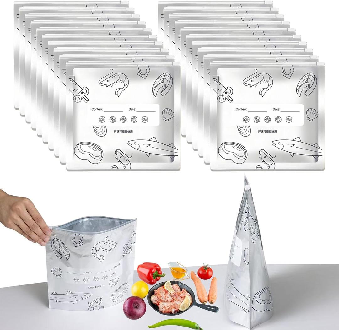 Reusable Aluminum Foil Sealable Storage Freezer Bags for Food Vegetable | 20PCS Thicken Stand Up Foil Sealable Bags With Label and Zip Lock