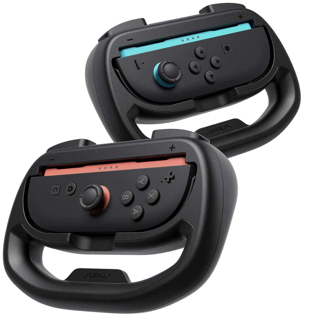 JSAUX Steering Wheels for Nintendo Switch 2 JoyCon Controller, Compatible with Mario Kart 9/8 Deluxe, Realistic Racing Experience with Comfortable Grip, Switch 2 JoyCon Controller Accessories2X Black