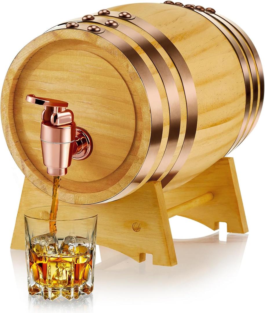 Geetery 1 Pack 2 Liter Wood Barrel with Stand Wooden Whiskey Barrel Vintage Beer Tequila Rum Whiskey Dispenser Wine Making Barrels for Home Table Display Decoration Entertaining (2 Liters)