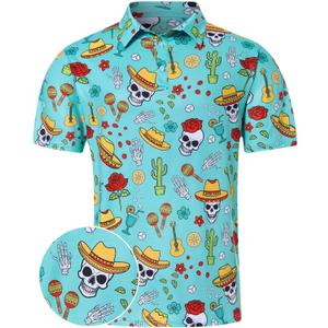 uideazone Golf Shirts for Men Dry Fit Polo Shirt Short Sleeve Moisture Wicking Golf Polos Performance Golf Tennis Shirt (Small, Funny Maxico Cactus)