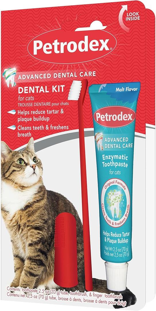 Petrodex Dental Care Kit for Cats, Cat Toothbrush and Toothpaste, Cleans Teeth and Fights Bad Breath, Reduces Plaque Tartar Formation, Malt Flavor, 2.5oz Toothpaste + Toothbrush (2.5 Ounce (Pack of 1))