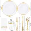 YOUBET 700PCS Gold Plastic Dinnerware Set - White and Gold Disposable Plates for 100 Guest - 200 Disposable Plates, 300 Heavy Duty Plastic Silverware, 100 Cups,100 Napkins for Wedding