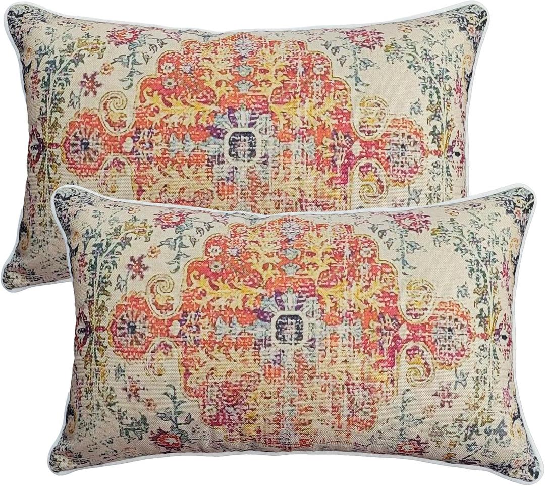 JMGBird Lumbar Pillow Covers with Inserts 12x20 Inch Set of 2, Boho Decorative Throw Pillows Water Resistant for Outdoor Patio Furniture Couch Sofa