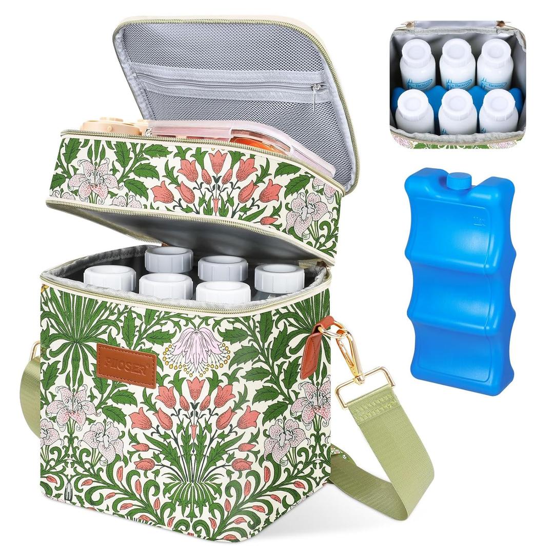 PIIOSER Breastmilk Cooler Bag with Ice Pack Fits 6 Baby Bottles Up to 9 Ounce, Insulated Baby Bottle Tote Bags, Double Layer Waterproof Leak-Proof with Shoulder Strap for Nursing &Working Mom (Floral)