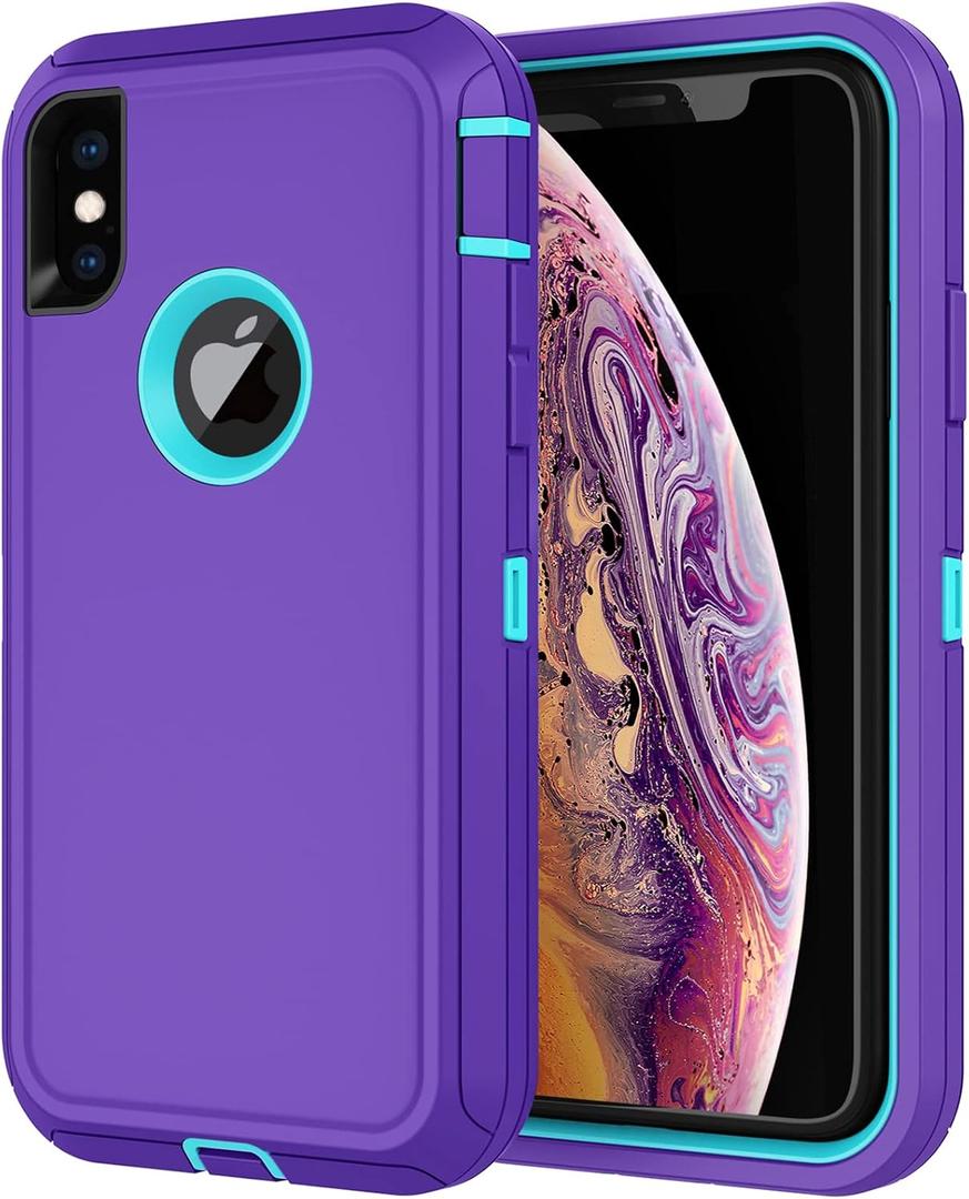 Annymall for iPhone X Case,iPhone Xs Case with Screen Protector Full Body Shockproof Drop-Proof Heavy Duty Rugged Bumper 3-Layer Defender Protective Phone Case Cover for Apple iPhone X/Xs Purple