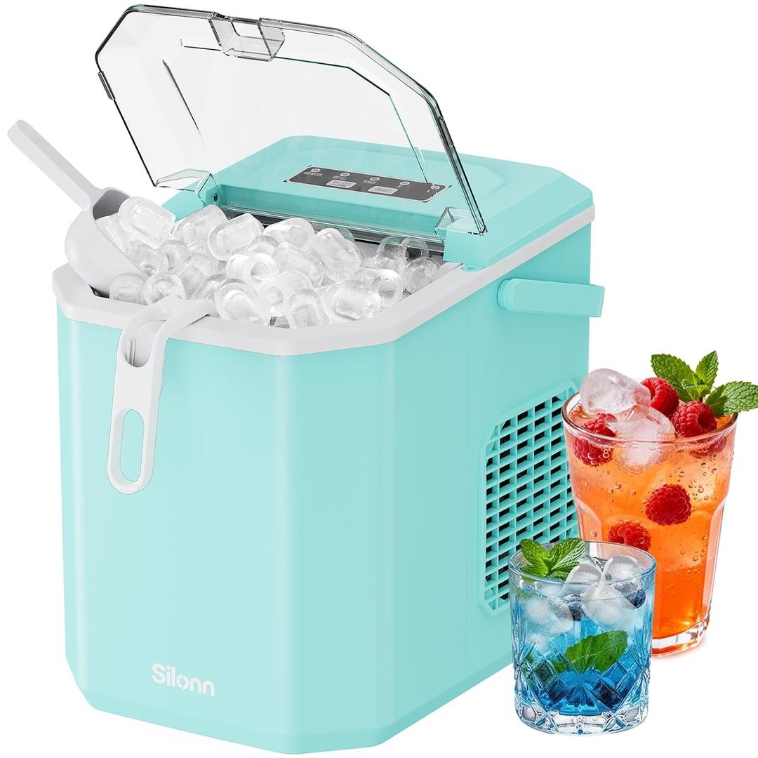Silonn Ice Maker Countertop, Portable Ice Machine with Carry Handle, Self-Cleaning Ice Makers with Basket and Scoop, 9 Cubes in 6 Mins, 26 lbs per Day, Ideal for Home, Kitchen, Camping, RV