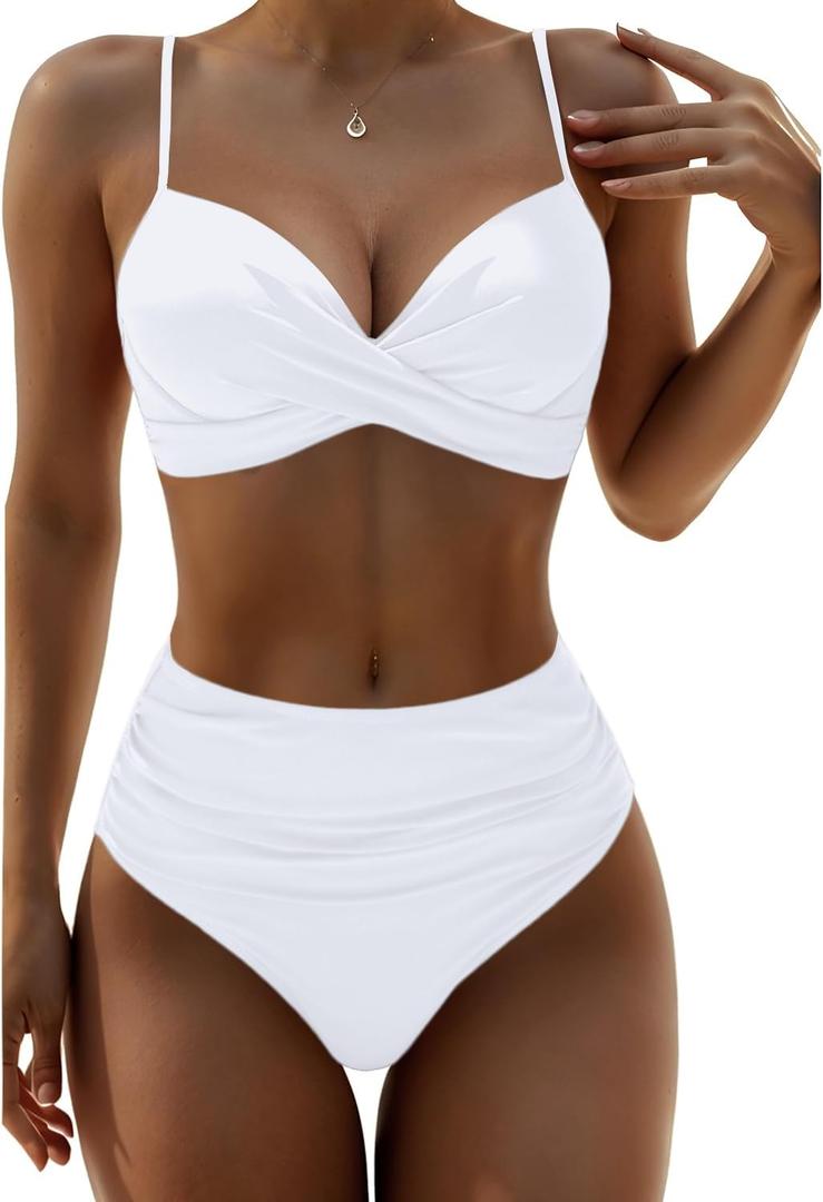 Aqua Eve Women Underwire Bikini High Waisted Bathing Suit Tummy Control Two Piece Swimsuit (Large, White)