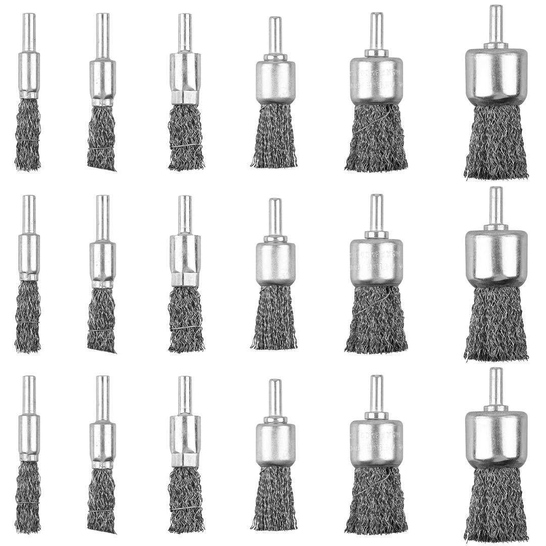 18 Pack Wire End Brush Set, Wire Brush for Drill ,6 Sizes 0.012" Crimped Wire Wheel for Drill 1/4 Inch Shank, for Drill Attachment