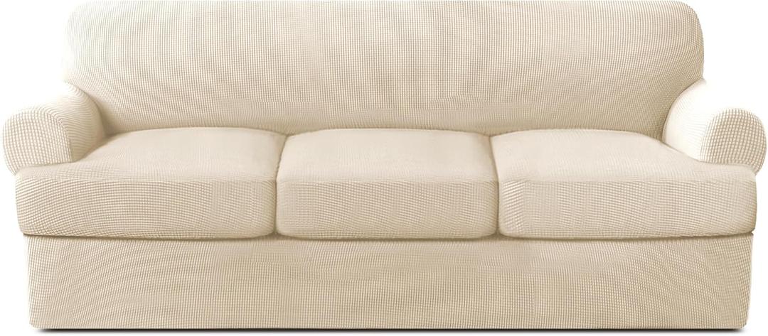 3 Piece Sofa Slipcovers T Cushion Couch Cover High Stretch Sofa Covers for 3 Cushion Couch with 3 Individual T Cushion Covers Machine Washable (Nature, Sofa)