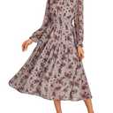 GRACE KARIN Women's Casual Fall Dresses Floral Smocked Tiered Long Dresses Wedding Guest Chiffon Dress with Pockets Khaki Small