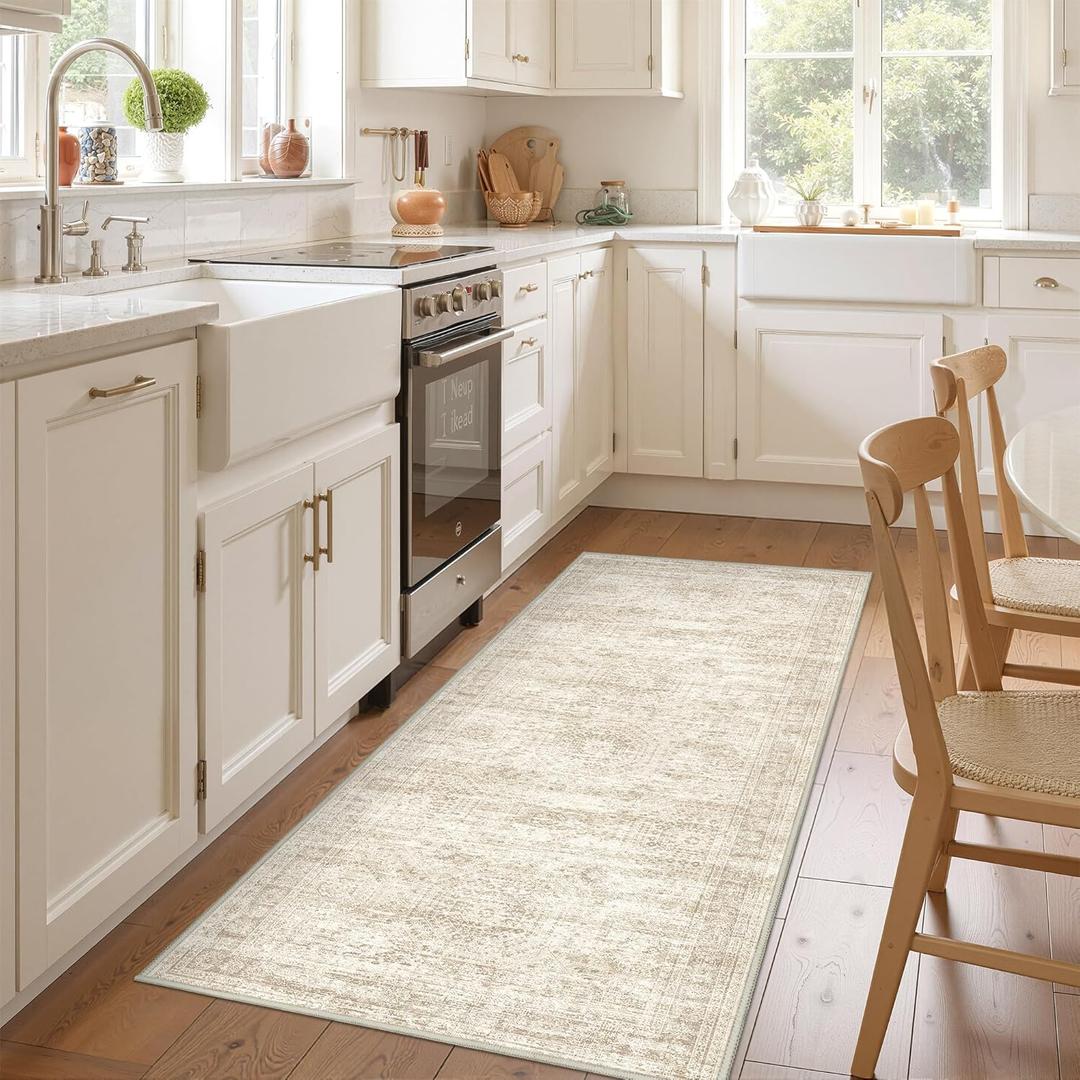 3x8 Runner Rug Non Slip Washable for Entryway, Vintage Hallway Runner for Front Porch, Laundry Room, Bedroom, Abstract Stain Resistant Thin Indoor Kitchen Mats for Floor(3'x8', Beige/Ivory)