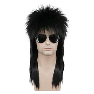 karlery Men Women Long Straight Black Wig 70s 80s Heavy Metal Rocker Wig Disco Mullet Wig, Black