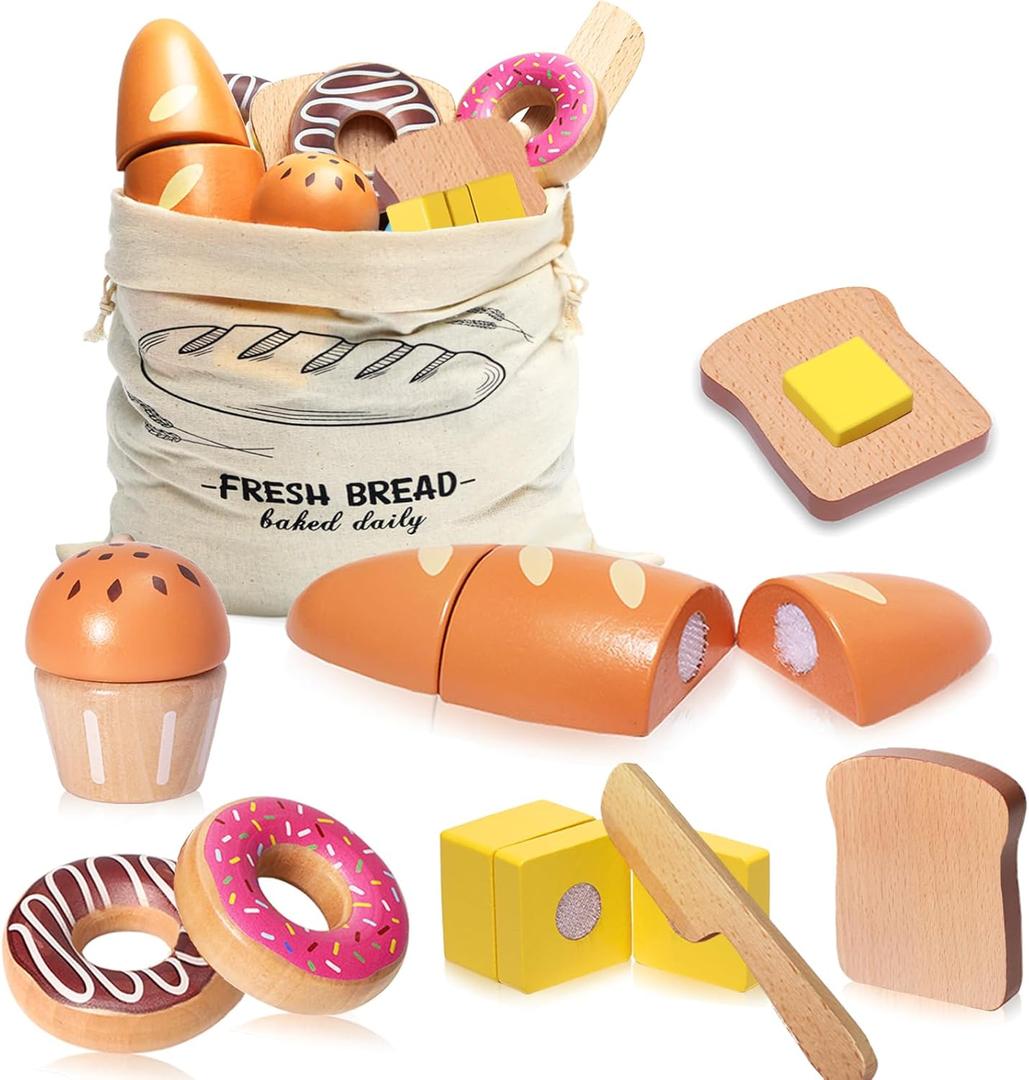 Wooden Bakery Playset Food Toys, Kids Pretend Play Food Baking Set Kitchen Accessories with Storage Bag, Pretend Play Bread Cutting Food for Boys Girls 3+