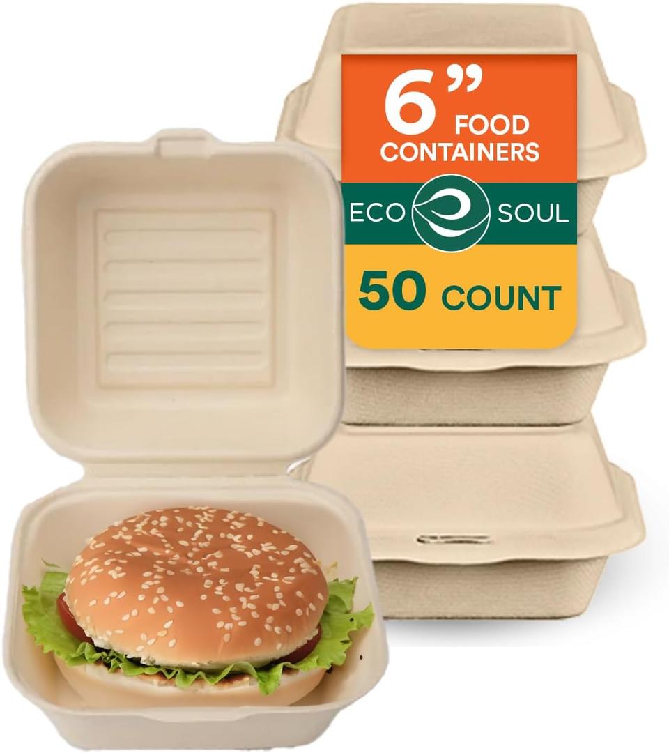 ECO SOUL 100% Compostable Clamshell Take Out Food Containers [6X6 50-Pack] Heavy-Duty Disposable To Go Containers, Eco-Friendly, Biodegradable Takeout Containers With Lid