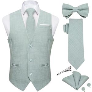 DiBanGu Mens Linen Suit Vest Casual Waistcoat and Necktie & Pre-tied Bowtie Set 6PCS Solid Color Dress Vest for Wedding Party (Medium, Mint Green)