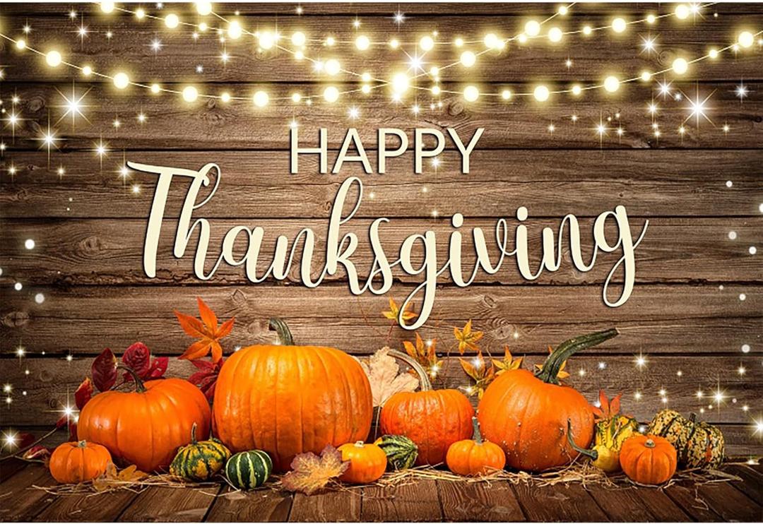 dnldliq 10x8ft Thanksgiving Photo Backdrop Vintage Wooden Board Glitter Light Belt Pumpkin Maple Leaves Pattern Photography Background Happy Thanksgiving Day Part Decorations Banner Supplies