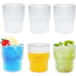 12 oz Plastic Drinking Glasses Set of 6, Reusable Unbreakable Ribbed Glassware, Shatterproof Stackable Ribbed Glasses Vintage Acrylic Glassware for Tea Juice Water, Dishwasher Safe