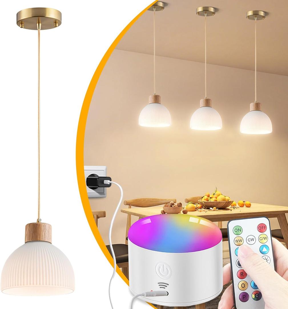 1 Pack Battery Operated Pendant Light, Rechargeable Ceiling Light with 10000mAh Detachable Magnetic Bulb, Wireless Chandelier with Remote, RGB Dimmable Hanging Light fixtures for Kitchen Island Decor (White-6.2inch)