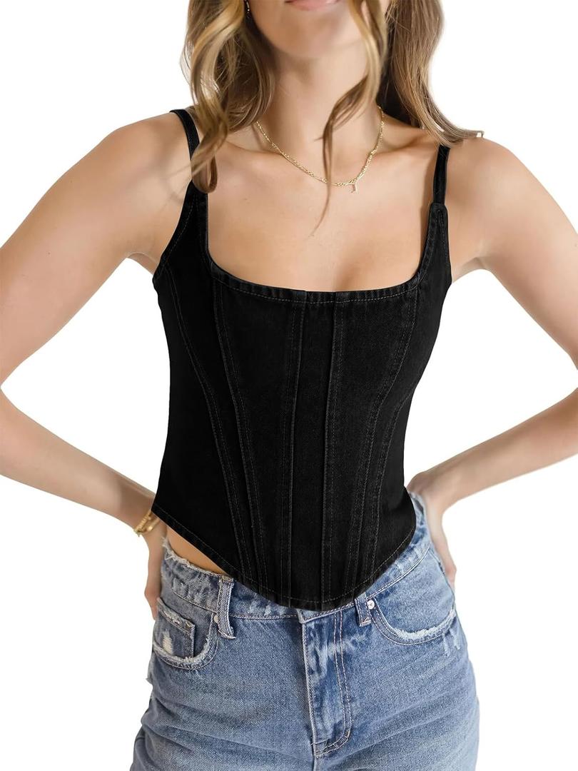 Imily Bela Womens Sleeveless Denim Vest Crop Tank Tops Spaghetti Straps Slim Fit Summer Cami Top (Small, Black)