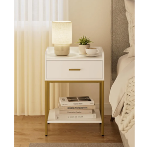 Masupu Nightstand,3-Tier Modern Bedside Night Stand with Storage Drawer and Shelf,Small End Side Table for Bedroom,Living Room,White (Without Outlet, White)