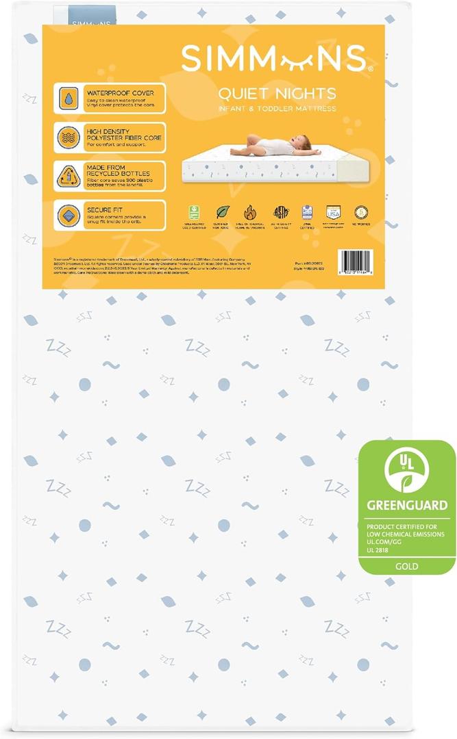 Simmons Kids Quiet Nights Dual Sided Baby Crib Mattress & Toddler Mattress - Sustainably Sourced Core - Waterproof - Hypoallergenic - GREENGUARD Gold Certified (Natural) - Ideal Firmness - Made in USA, 1 Count, Size: 27.5"W x 52"L x 5"H