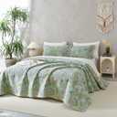 QSH 100% Cotton Oversized King Quilt Bedspread Bedding Set(128"x120"),3Pcs Extra Wide Green Floral Quilt Flower Bird Butterfly Printed Bedspread Coverlet Oversized King Lightweight Soft Bedding Set