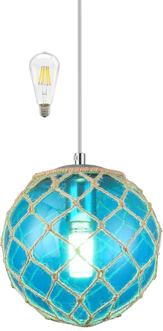 Blue Pendant Light Coastal Pendant Light Nautical Pendant Lighting Beach House Lighting Fixtures Ocean Lighting Fixture Coastal Hanging Light Fixtures Fish Float Glass Ball Lighting(Bulb Incl. (8"-Globe)