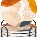 Nipichsha Coasters for Drinks, Set of 6 Cute Absorbent Ceramic Drink Coasters for Cup with Holder and Cork Base, Kitchen Home Decor Housewarming Gift, Round 4 in, Simple Abstract Art