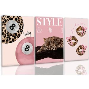 3 PCS Pink Leopard Canvas Wall Art Trendy Cheetah 8 Ball Bow Poster Prints Y2k Coquette Preppy Lucky Aesthetic Fashion Pictures Art for Girls Bedroom Dorm Living Room Apartment Decor 12*16In (Stretched Canvas On A Wooden Frame)