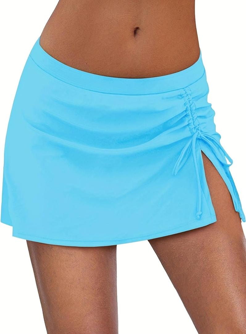 REKITA Women Swim Skirt Solid Color Waistband Skort Bikini Bottom (XX-Large, Blue-Drawstring)
