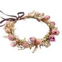 Boho Sweet Girl Flower Crown - Golden Leaf Purple Flower Headband for Weeding, Birthday Party, Cosplay, Dress Up, Masquerade (Pink1)