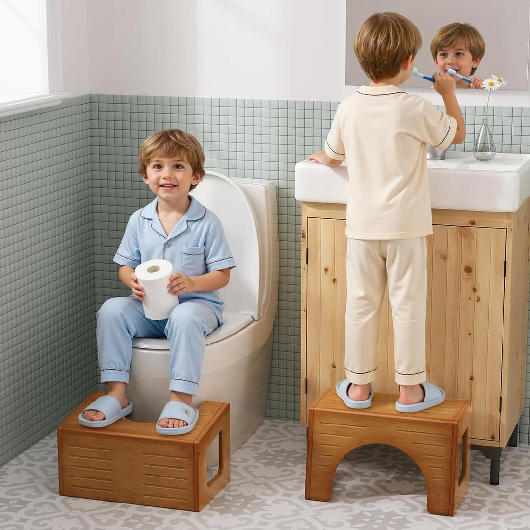 AmazerBath Toddler Toilet Step Stool, 3-in-1 Bamboo Toilet Squat Stool for Adults, 0.59" Thickness One Step Non-Slip Baby & Kids Potty Poop Stool for Bathroom Sink, Counter, Bedroom, Closet, 9", Dark Wood Color