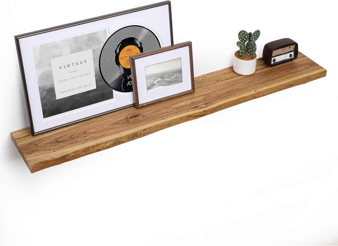 Fun Memories 55 Inch Wood Floating Shelves, Live Edge 9.3" Deep Large Wall Shelves for Storage, Wall-Mounted Display Shelves with Invisible Heavy-Duty Metal Bracket for Living Room Bedroom, Natural (Live Edge, 55"W x 9.3"D, Usa-sourced Elm Wood Natural Finish)