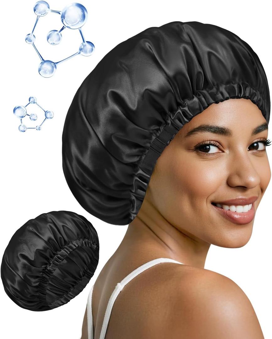 2 x BONNET QUEEN Silk Bonnet for Sleeping Hyaluronic Acid Satin Bonnet, Double Layer Hair Wrap for Curly Hair Women Sleep Cap (Black)