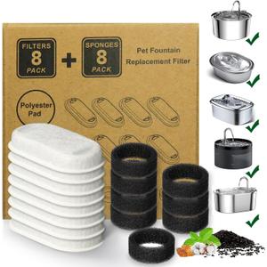 Cat Water Fountain Filters,16 Pack Cat Fountain Replacement Filters for Stainless Steel 67oz/2L Adjustable Water Flow Pet Water Fountain,Dog Water Fountain (8+8 Pack)