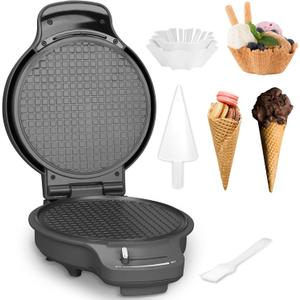 Baker's Friend Waffle Cone Maker Machine with Browning Control, 7.5 Ice Cream Cone Maker, Cone Roller & Bowl Press Included,Thin Waffle Maker Crispy, Nonstick Waffle Bowl Maker,Graphite